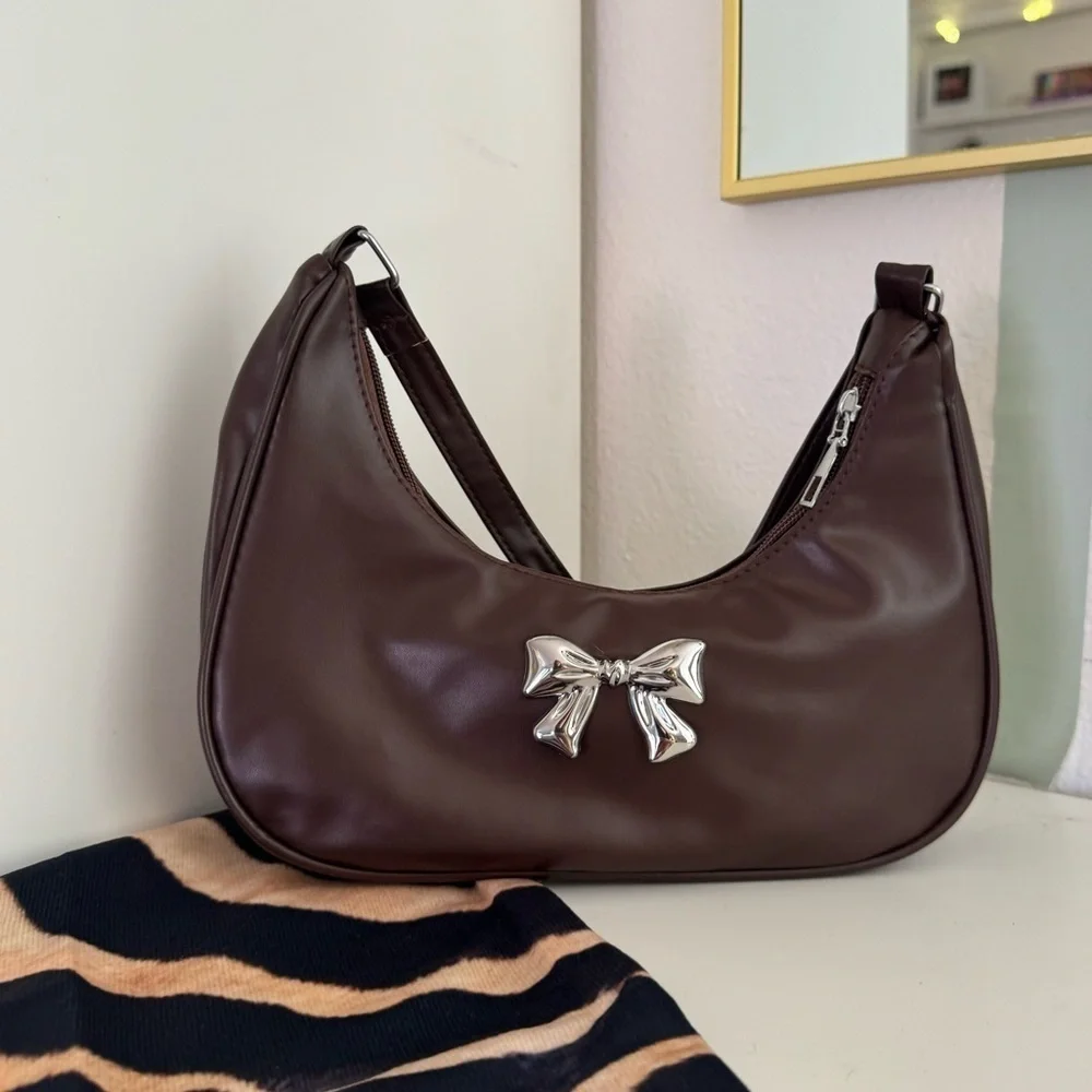 Brown Faux Leather Shoulder Bag with Silver Bow Detail | Coquette | NWOT